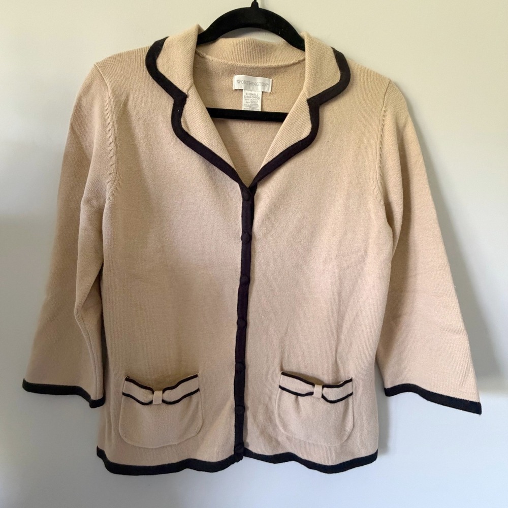 Worthington Tan Black Trim Bow Pocket Cardigan Sweater XS Womens 3/4 Sleeve